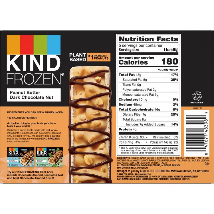 Box of KIND FROZEN Peanut Butter Dark Chocolate Nut bars with visible nutrition facts and product description.