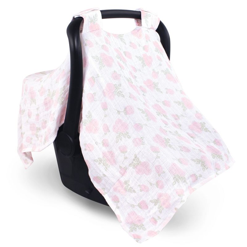 Hudson Baby Infant Girl Muslin Cotton Car Seat and Stroller Canopy, Pink Rose, One Size, 1 of 4