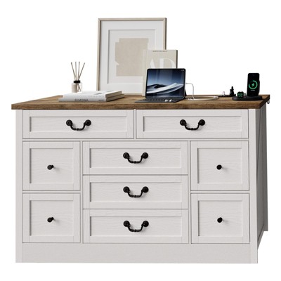 Farmhouse 9-Drawer Dresser with Charging Station, 54" Wide Vintage Wood Chest, Metal Handles, for Bedroom, Living Room, Hallway ¨C TV Stand