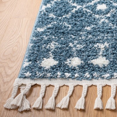 Square Blue and Ivory Synthetic Shag Area Rug