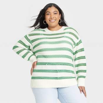 Women's Crewneck Tunic Pullover Sweater - A New Day™ Cream/black Striped 1x  : Target
