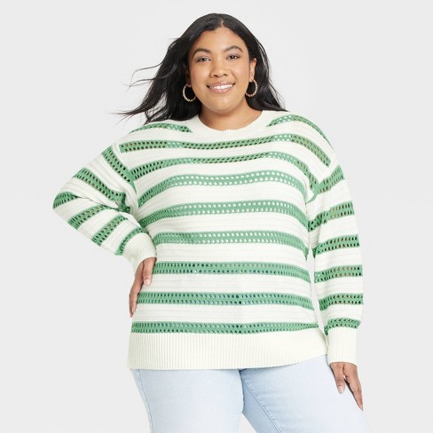 Women s Crochet Sweater Ava Viv Green Striped 1x Target