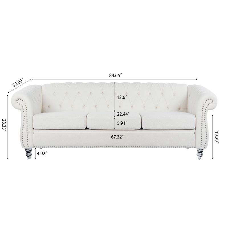 84.65" Chesterfield Rolled Arm 3 Seater Upholstered Sofa, Tufted Sofa Couch-ModernLuxe, 4 of 15