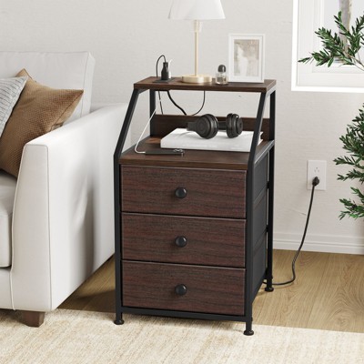 WOWLIVE Nightstands with 3 Drawers & Outlets, Bedside Tables with 2 USB Ports & 2-Tier Open Shelf