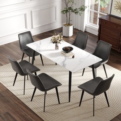 Vynxaria 62.99" Modern Artificial Stone White Straight Edge Black Metal Leg Dining Table-Can Accommodate 6 People(Dining Table Only)