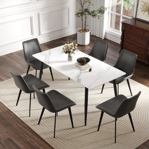 Vynxaria 62.99" Modern Artificial Stone White Straight Edge Black Metal Leg Dining Table-Can Accommodate 6 People(Dining Table Only) - 1 of 4
