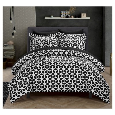 Lovey Geometric Diamond Printed Reversible Duvet Cover Set 9 Piece (King) Black - Chic Home Design