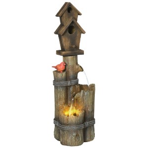 Outsunny Outdoor Fountain with Birdhouse, Cascading Garden Waterfall Bird Bath with 3-Tier Rustic Tree Trunk Log Design, Lights for Yard Decor, Brown - 1 of 4