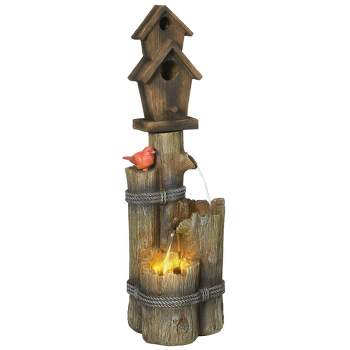 Outsunny Outdoor Fountain with Birdhouse, Cascading Garden Waterfall Bird Bath with 3-Tier Rustic Tree Trunk Log Design, Lights for Yard Decor, Brown