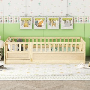 Lyngins French Twin Size Bed Frame, Pine Children's Floor Bed Frame with Super High Security Barrier & Door, Montessori Wooden Toddler Bed - 1 of 4