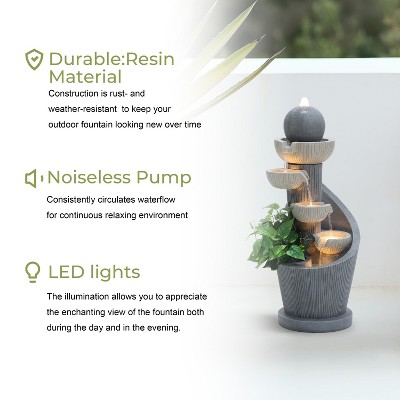 Gray Resin Spiral Sculpture with LED Lights 5-Tier Outdoor Fountain