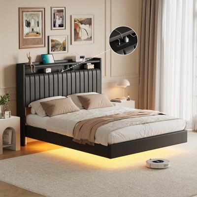 Homhougo Queen Size Floating Bed Frame with RGB LED Lights & Charging Station Black