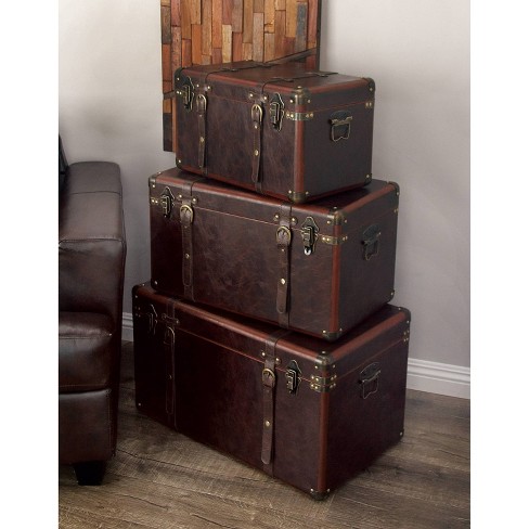 Set Of 3 Traditional Faux Leather And Wood Storage Trunks Brown - Olivia &  May : Target