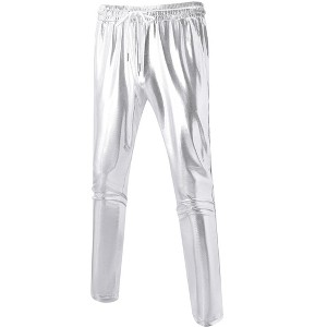 Garvee Men's 2025 Metallic Party Pants Shiny Straight Leg Trousers Drawstring 70s/80s Retro Party Pants Nightclub Rave Cosplay (Gold, Silver, Black) - 1 of 1