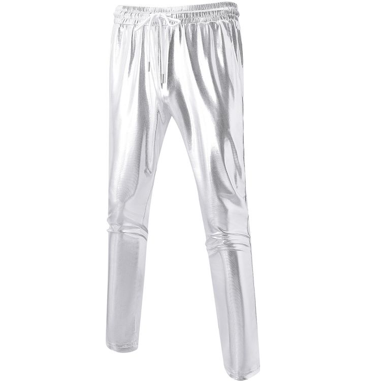 Garvee Men's 2025 Metallic Party Pants Shiny Straight Leg Trousers Drawstring 70s/80s Retro Party Pants Nightclub Rave Cosplay (Gold, Silver, Black), 1 of 1