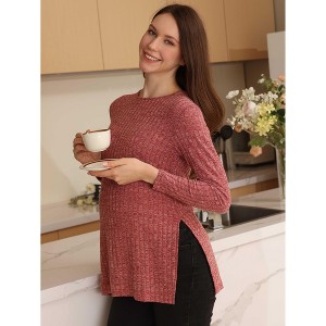 Women's Maternity Solid Color Round Neck Long - Sleeve Slit Top in Roman Fleece, Comfortable and Stylish Base Layer for Pregnant Women - 1 of 4