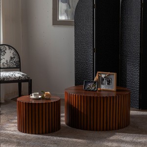 NicBex 2PCS Round Coffee Table Set,Side Table with Handcrafted Relief,End Table with Non-Slip Grip,Coffee Tables for Living Room,Walnut - 1 of 4
