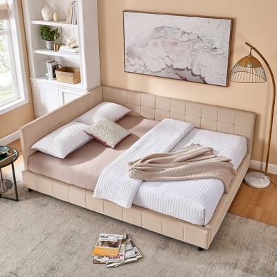 Sapphtopaz Daybed Bed Frame with Tufted Upholstered Sofa Bed with Armrests and Wood Slats Support Beds for Apartment, Bedroom