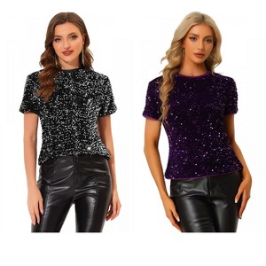 INSPIRE CHIC Women's Sequin Velvet Crew Neck Short Sleeve T-shirt 2 Packs - 1 of 4