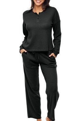 Adr Women's Ribbed Knit Pajamas Set Set With Pockets, Drop Shoulder  Sleepshirt And Pajama Thermal Underwear Pants Black 2x Large : Target