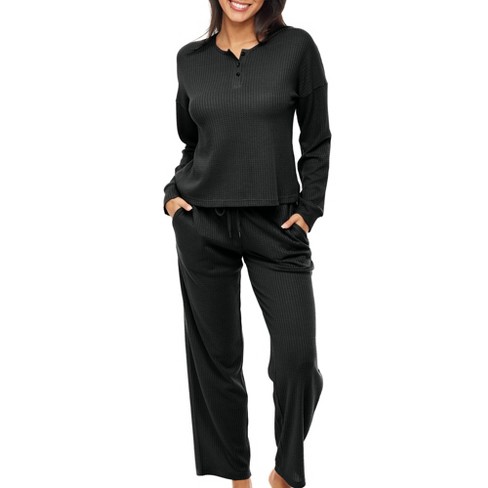 Women's Soft Ribbed Waffle Rib Knit Henley Pajamas Lounge Set