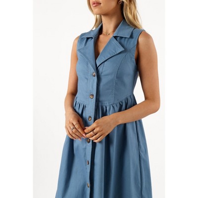 Steel Blue Cotton Blend Sleeveless V-Neck Midi Dress