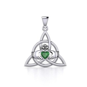 Slickblue Triquetra Claddagh Silver Pendant with Emerald Heart Gemstone, 1.18” Pendant and 18” Chain - 1 of 4