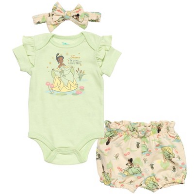 Disney Princess Tiana Newborn Baby Girls Bodysuit Shorts and Headband 3 Piece Outfit Set Green / Khaki 6-9 Months