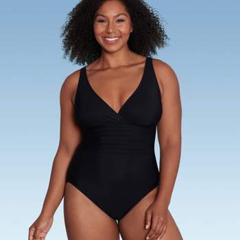 Women's Upf 50 High Neck Swim Romper With Pockets One Piece Swimsuit - Aqua  Green® Black L : Target