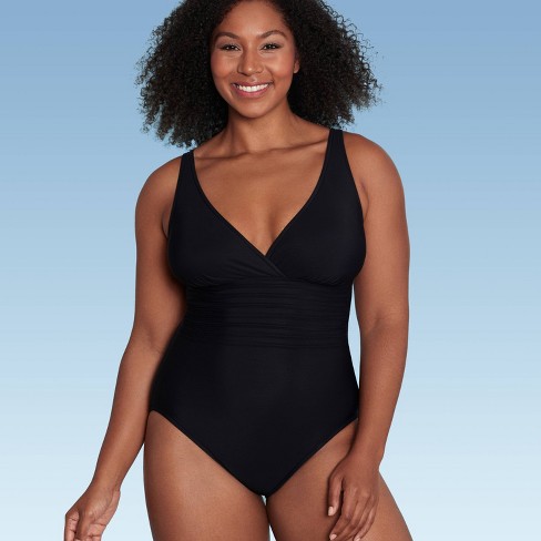 Women's Upf 50 Waist Detail Over The Shoulder One Piece Swimsuit - Aqua  Green® Black L : Target