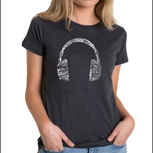 LA Pop Art Women's Premium Blend Word Art T-shirt - HEADPHONES - LANGUAGES - 1 of 4