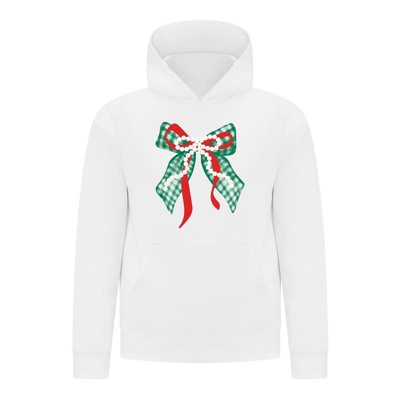 Everyday Kids Christmas Collection Green Gingham Pearl Bow Girls Pullover Hoodie – Holiday Sweatshirt - White