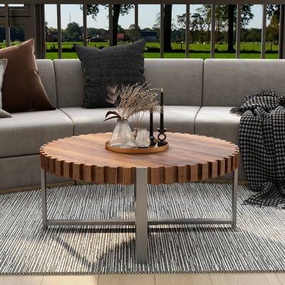 NicBex Natural Wood Texture Round Coffee Table with Sturdy Base & Fluted Sides,Minimalist Wooden Tea table Center Table for Living Room,Brown