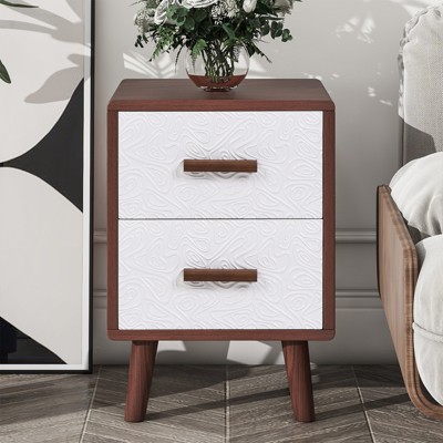 Wood Bedside Table Square End Table with 2 Drawers Adorned with Embossed Patterns, Solid Wood Legs and Handles for Bedroom, Living Room