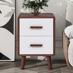 Wood Bedside Table Square End Table with 2 Drawers Adorned with Embossed Patterns, Solid Wood Legs and Handles for Bedroom, Living Room - 1 of 4