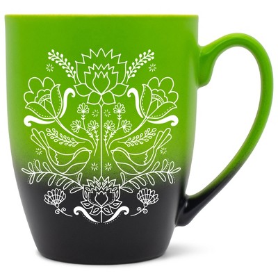 Elanze Designs Damask Threaded Floral Birds Two Toned Ombre Matte Green and Black 12 ounce Ceramic Stoneware Coffee Cup Mug