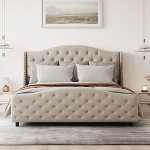 King Velvet Tufted Bed w/ Wingback Headboard & Wood Slats.,No box spring needed,Beige platform bed frame - 1 of 4