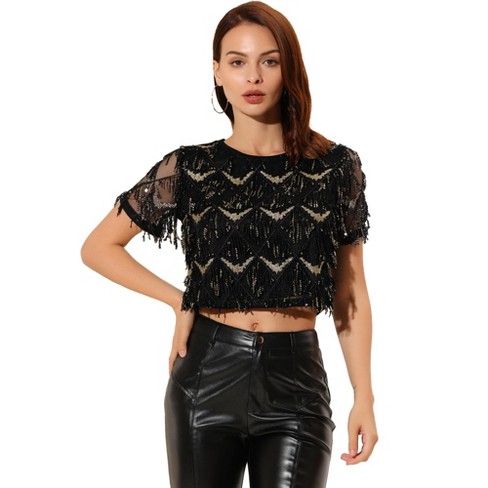 Cropped T-shirt with sequin embroidery black - Women