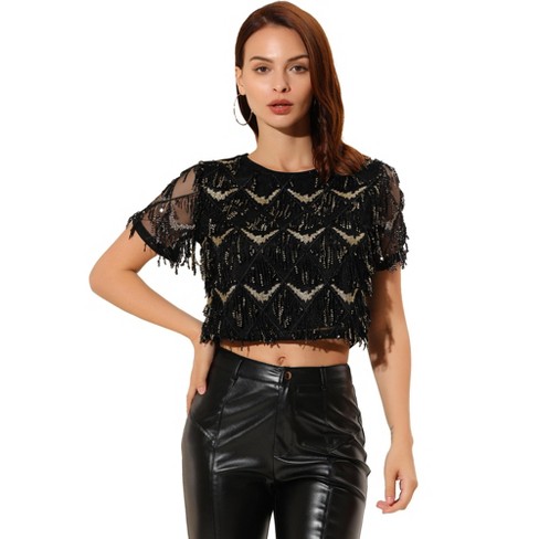 Allegra K Women's Sequin Shiny Glitter Crop Short Sleeves Tassel T-Shirt  Black Large