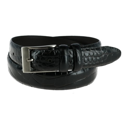 double buckle belt in crocodile-embossed leather