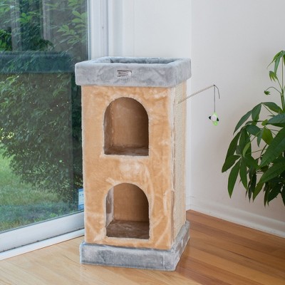 Beige Faux Fur and Sisal Freestanding Cat Tree with Double Condo
