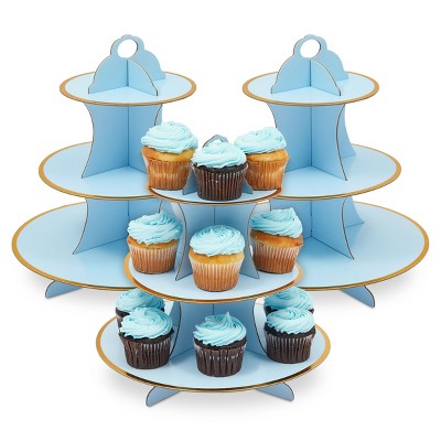 Sparkle and Bash 3 Pack 3-Tier Cardboard Cupcake Stand for Baby Shower (12 x 12 in, Light Blue)