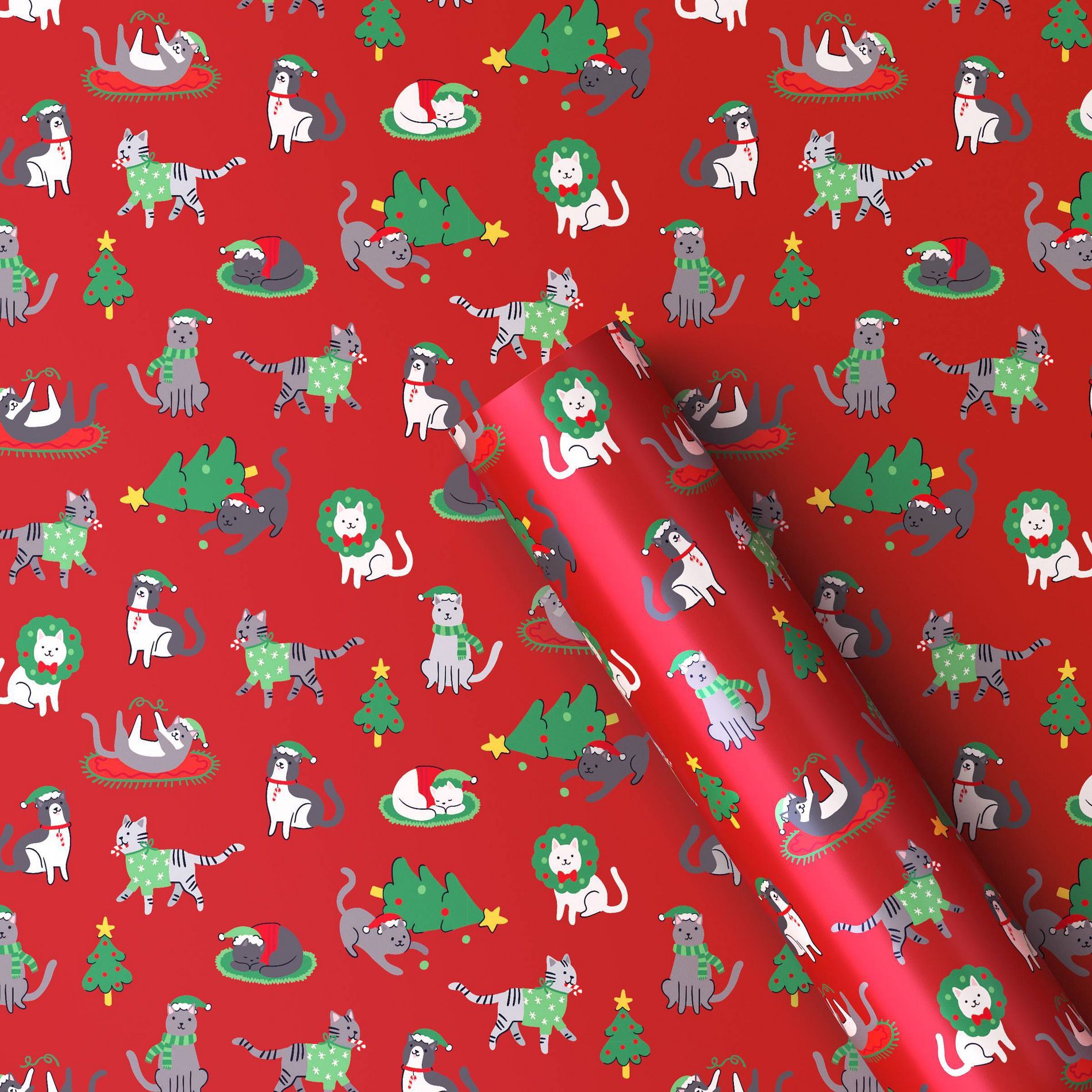 30" 50 sq ft Christmas Roll Wrap Illustrated Cats on Red - Wondershop™
