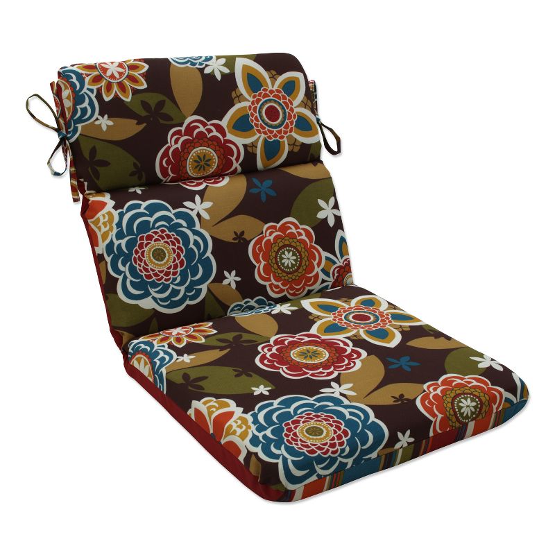 Outdoor Reversible Rounded Chair Cushion - Brown/Turquoise Floral/Stripe - Pillow Perfect, 1 of 12