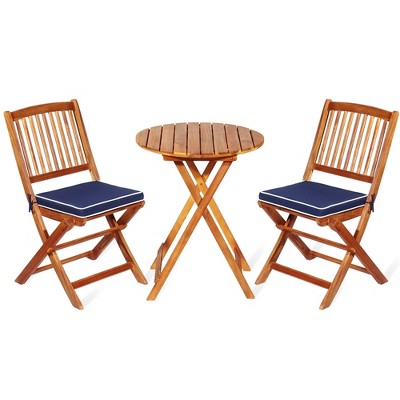3-Piece Folding Acacia Wood Patio Bistro Set with Navy Cushions