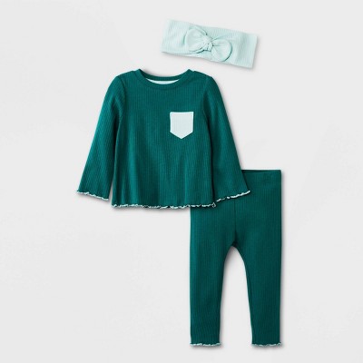 Image of Baby Girls' 3pc Ribbed Top & Bottom Set with Headband - Cat & Jack™ Green 6-9M