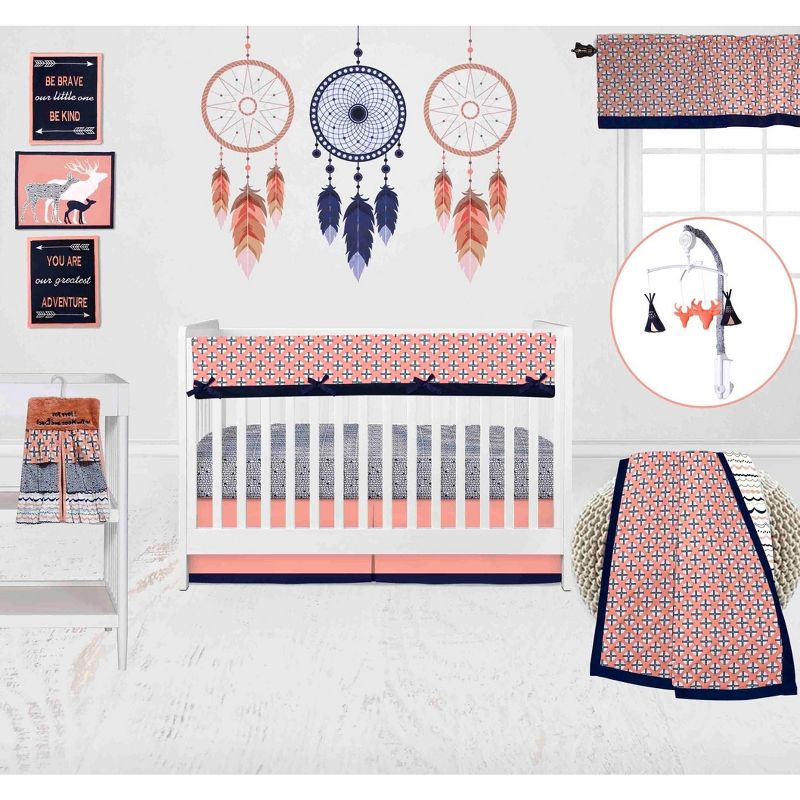Bacati - Olivia Coral Navy 10 pc Crib Bedding Set with Long Rail Guard Cover, 1 of 13