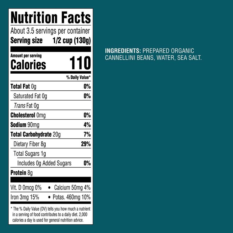 Nutrition label showing 110 calories per 1/2 cup serving, with ingredients listed as prepared organic cannellini beans, water, and sea salt.
