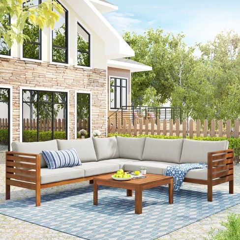 Wooden Outdoor Sofa With Coffee Table And Cushions - Modernluxe : Target