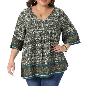 Women's Plus Size Bohe Floral Print V Neck 3/4 Sleeve Dressy Casual Work Tunic Blouses - Agnes Orinda - 1 of 4